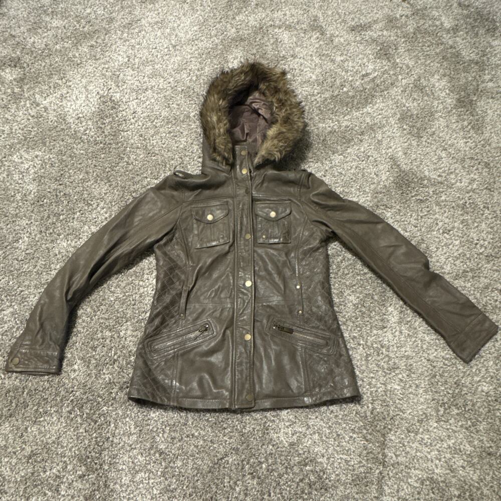 Black Rivet Women’s Genuine Leather Jacket Size S Faux Fur Zip Off Hood Brown